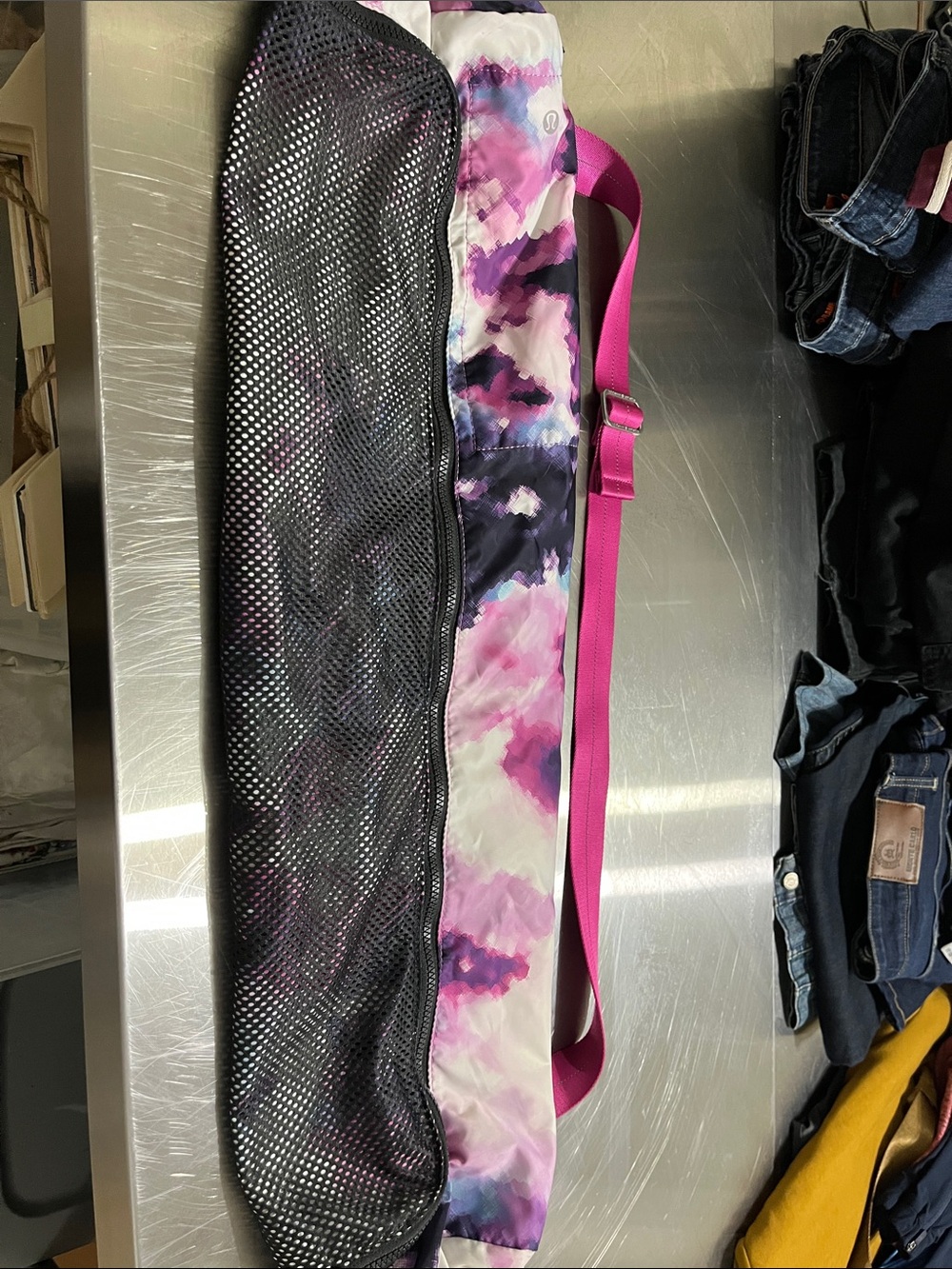 lululemon athletica Pink and Purple Watercolor Yoga Mat Carrier with Black Mesh
